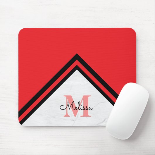 Modern Red and Black Chevron Name Monogram マウスパッド (マウス)