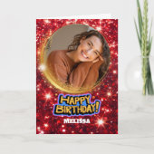 Modern Red and Gold Glitter Photo & Name Birthday カード (正面)