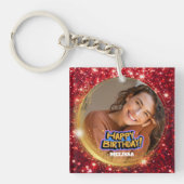 Modern Red and Gold Glitter Photo Name Birthday キーホルダー (正面)