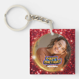 Modern Red and Gold Glitter Photo Name Birthday キーホルダー