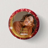 Modern Red and Gold Glitter Photo Name Birthday 缶バッジ (正面)