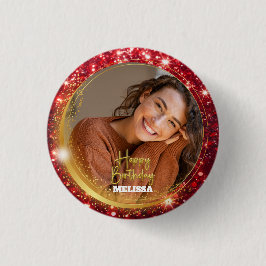 Modern Red and Gold Glitter Photo Name Birthday 缶バッジ
