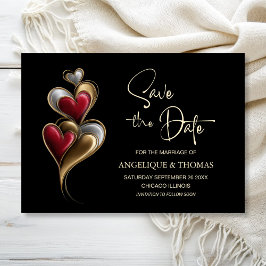 Modern Red and Gold Hearts Wedding Save the Date セーブザデート
