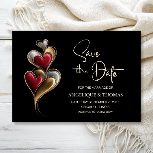 Modern Red and Gold Hearts Wedding Save the Date セーブザデート