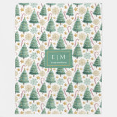 Modern red and green watercolor Christmas trees フリースブランケット (正面)