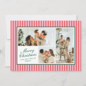 Modern Red and Pink Stripe 3 Photo Christmas Card シーズンカード (正面)