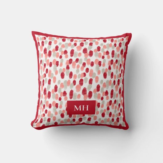 Modern Red and White Pattern Initials Monogram クッション (正面)