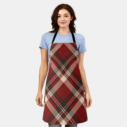 Modern Red Beige Christmas Pattern エプロン (着用した状態)