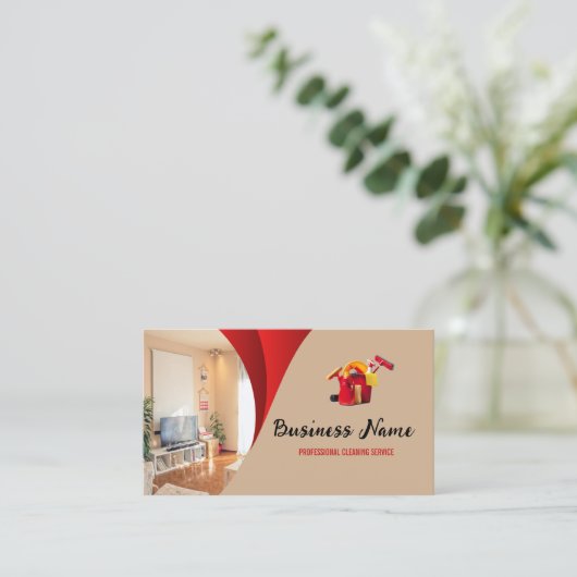 Modern Red Beige Cleaning Service Housekeeper Maid 名刺 (スタンド正面)