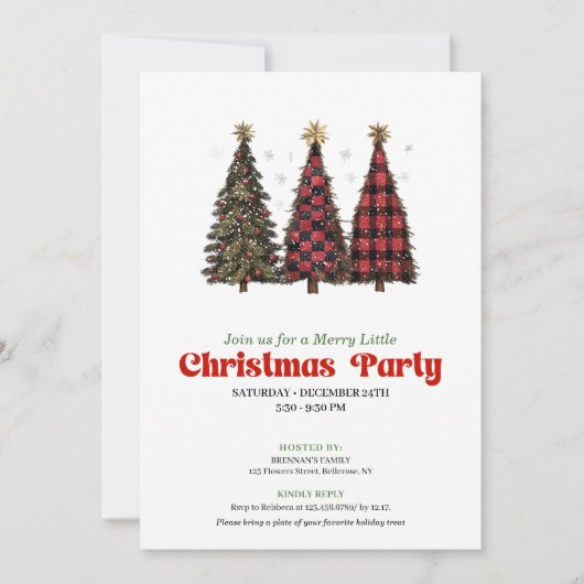 Modern red black buffalo Christmas tree invitation 招待状 (正面)