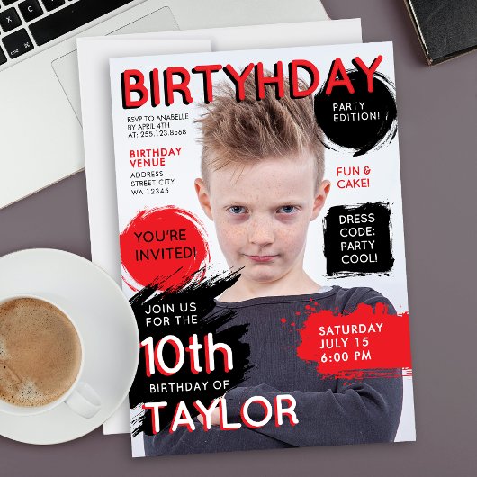 Modern Red Black Magazine Cover Fashion Newspaper  招待状