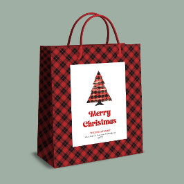 Modern red black plaid Christmas bag editable text ミディアムペーパーバッグ