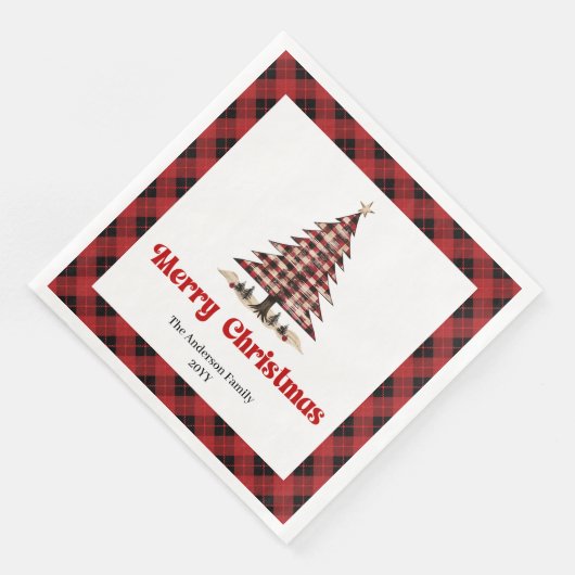 Modern Red Black Plaid Tree Christmas Napkins (コーナー)