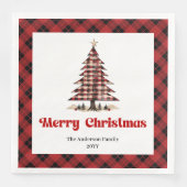 Modern Red Black Plaid Tree Christmas Napkins (正面)