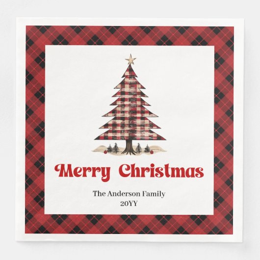 Modern Red Black Plaid Tree Christmas Napkins (正面)