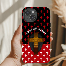 Modern Red Black White Crosses Lion of Judah iPhone 15ケース