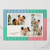 Modern Red Blue and Green Striped 3 Photo 箔シーズンカード (正面)