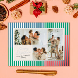 Modern Red Blue and Green Striped 3 Photo 箔シーズンカード