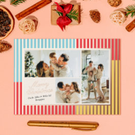 Modern Red Blue and Yellow Striped 3 Photo 箔シーズンカード