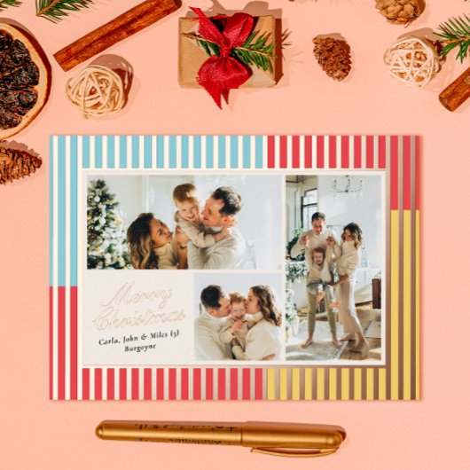 Modern Red Blue and Yellow Striped 3 Photo 箔シーズンカード