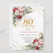 Modern Red Blush Greenery 80th Birthday Invite 招待状 (正面)
