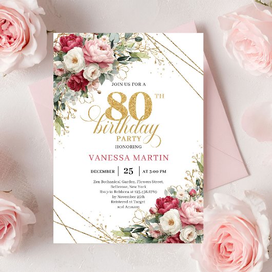 Modern Red Blush Greenery 80th Birthday Invite 招待状