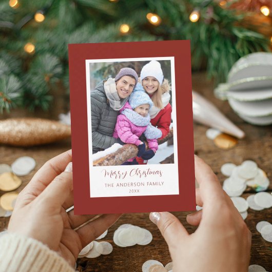 Modern Red Border Family Photo Christmas Card 招待状