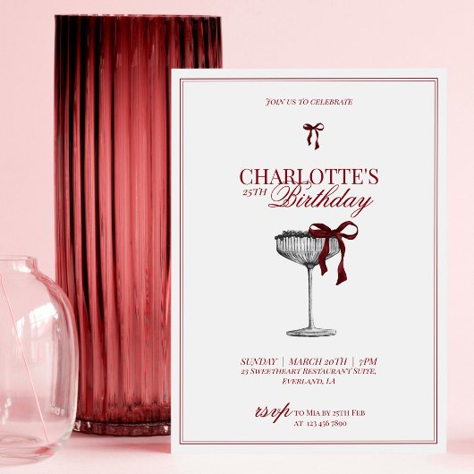 Modern Red Bow Champagne Birthday Invitation 招待状