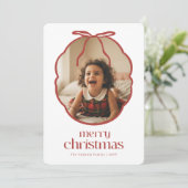 Modern Red Bow Family Kids Photo Christmas シーズンカード (スタンド正面)