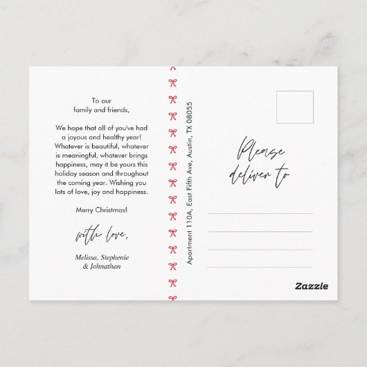 Modern Red Bow Pattern Family Photo Christmas ポストカード (裏面)