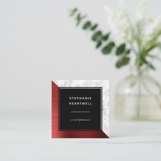 Modern Red Brushed Metal White Marble Black スクエア名刺 (スタンド正面)