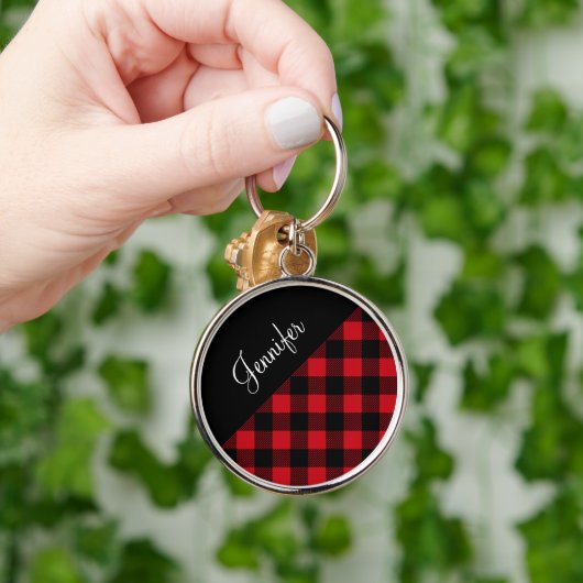 Modern Red Buffalo Plaid Check Pattern Name キーホルダー (手)