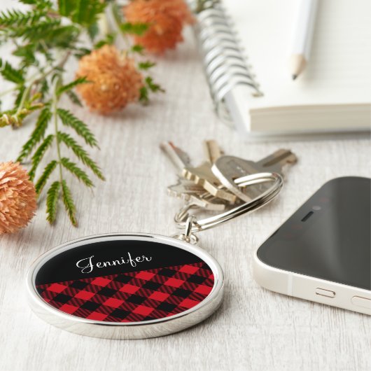 Modern Red Buffalo Plaid Check Pattern Name キーホルダー (側面)