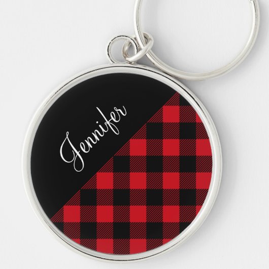 Modern Red Buffalo Plaid Check Pattern Name キーホルダー (正面)