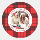 Modern Red Buffalo Plaid Christmas Family 1 Photo ラウンドシール (正面)