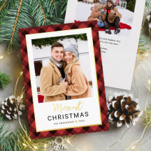 Modern Red Buffalo Plaid Christmas Photo