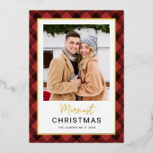 Modern Red Buffalo Plaid Christmas Photo 箔シーズンカード (正面)