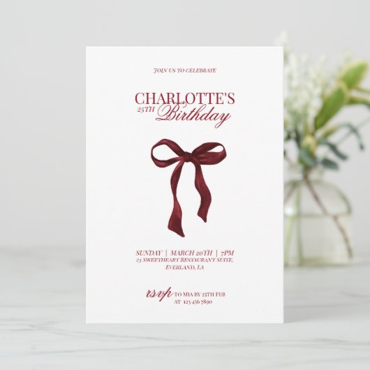 Modern Red Burgundy Bow Birthday Invitation 招待状 (スタンド正面)