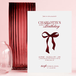 Modern Red Burgundy Bow Birthday Invitation 招待状
