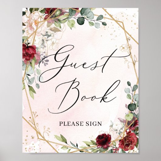 Modern red burgundy floral gold guest book sign ポスター (正面)
