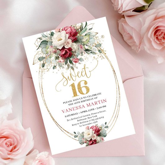 Modern Red Burgundy Gold Floral Sweet 16 Invite 招待状