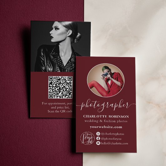 Modern red burgundy photo qr logo photographer 名刺
