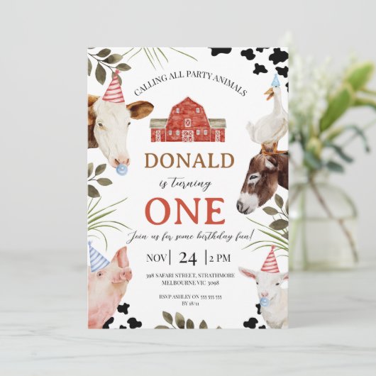 Modern Red Calling All Party Animals Farm Birthday 招待状 (スタンド正面)
