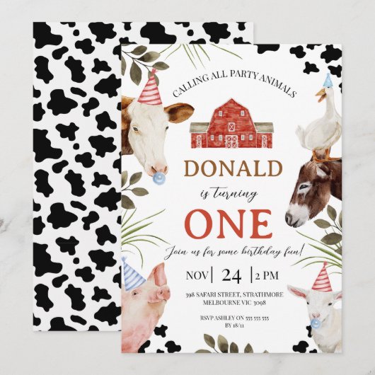 Modern Red Calling All Party Animals Farm Birthday 招待状 (正面/裏面)