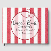 Modern Red Chalk Stripes Double Hearts Baby Shower ゲストブック (正面)