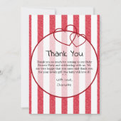 Modern Red Chalk Stripes Double Hearts Baby Shower サンキューカード (正面)