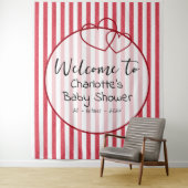 Modern Red Chalk Stripes Double Hearts Baby Shower タペストリー (インサイチュ)