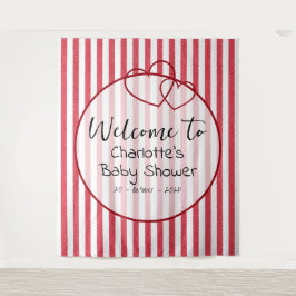 Modern Red Chalk Stripes Double Hearts Baby Shower タペストリー