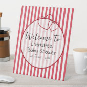 Modern Red Chalk Stripes Double Hearts Baby Shower 台座サイン (インサイチュ)