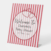 Modern Red Chalk Stripes Double Hearts Baby Shower 台座サイン (正面)